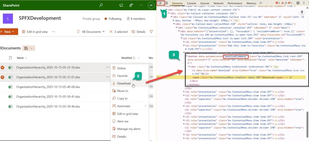 Das Attribut data-automationid mit dem Wert downloadCommand identifiziert den Standard-Button.