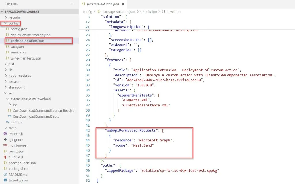 Die Mail.Send-Berechtigung in der package-solution.json.