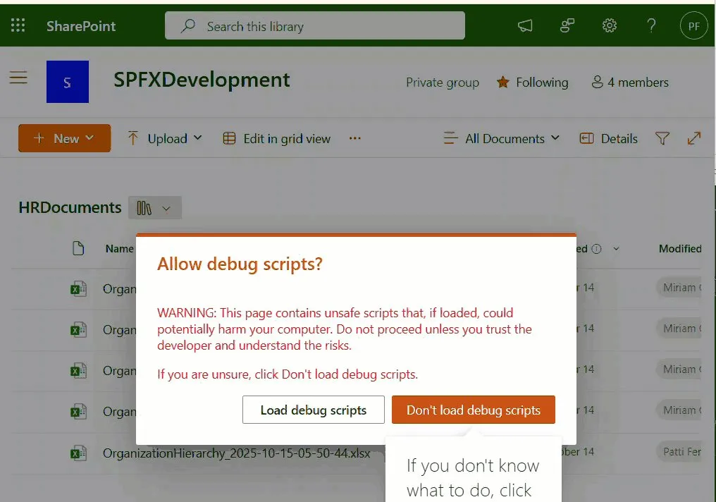 Im Dialog auf „Load debug scripts" klicken, danach ist die Erweiterung in der Bibliothek aktiv.